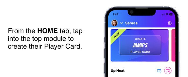 From the HOME tab, tap into the top module to create their Player Card.